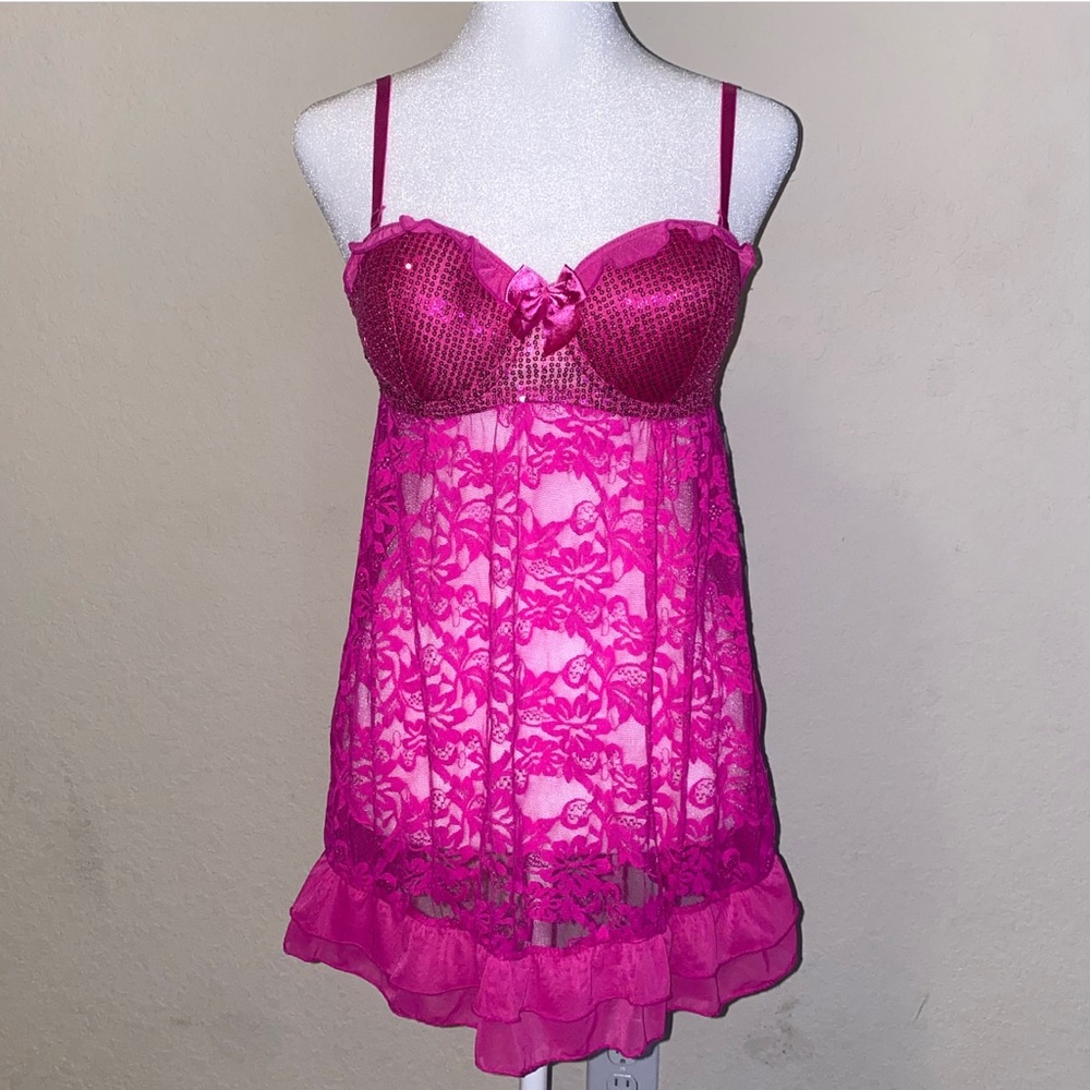 Vintage Pink Sequin Babydoll Slip dress with thong. Size Medium. - Picture 3 of 6